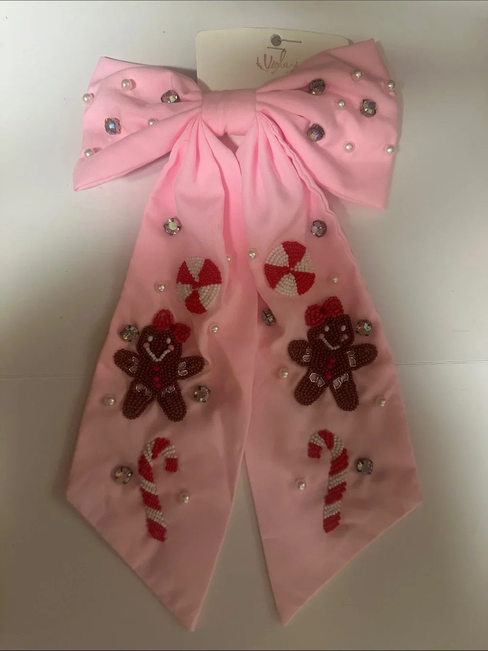 Pink Embellished Kids Hair Bow with Gingerbread & Candy Bead Accents